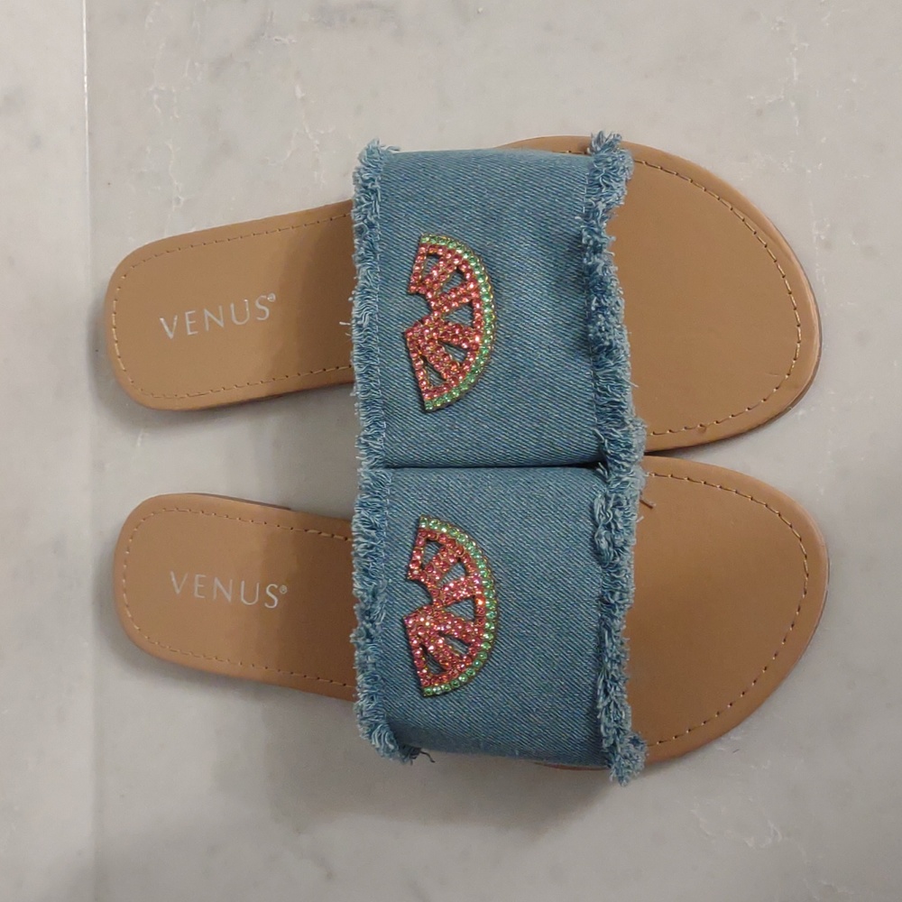 Venus Women's Denim Blue Slip Ons with Rhinestone Watermelon and Fringe Size 8